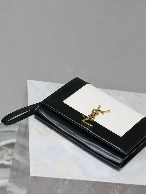 View 6 of Structured Leather Crossbody Clutch: Black/Ivory, YSL Hardware, Day-to-Night
