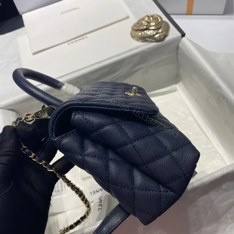 View 7 of Navy Quilted Bag with Gold Chain - Luxe Chanel-Inspired Tote