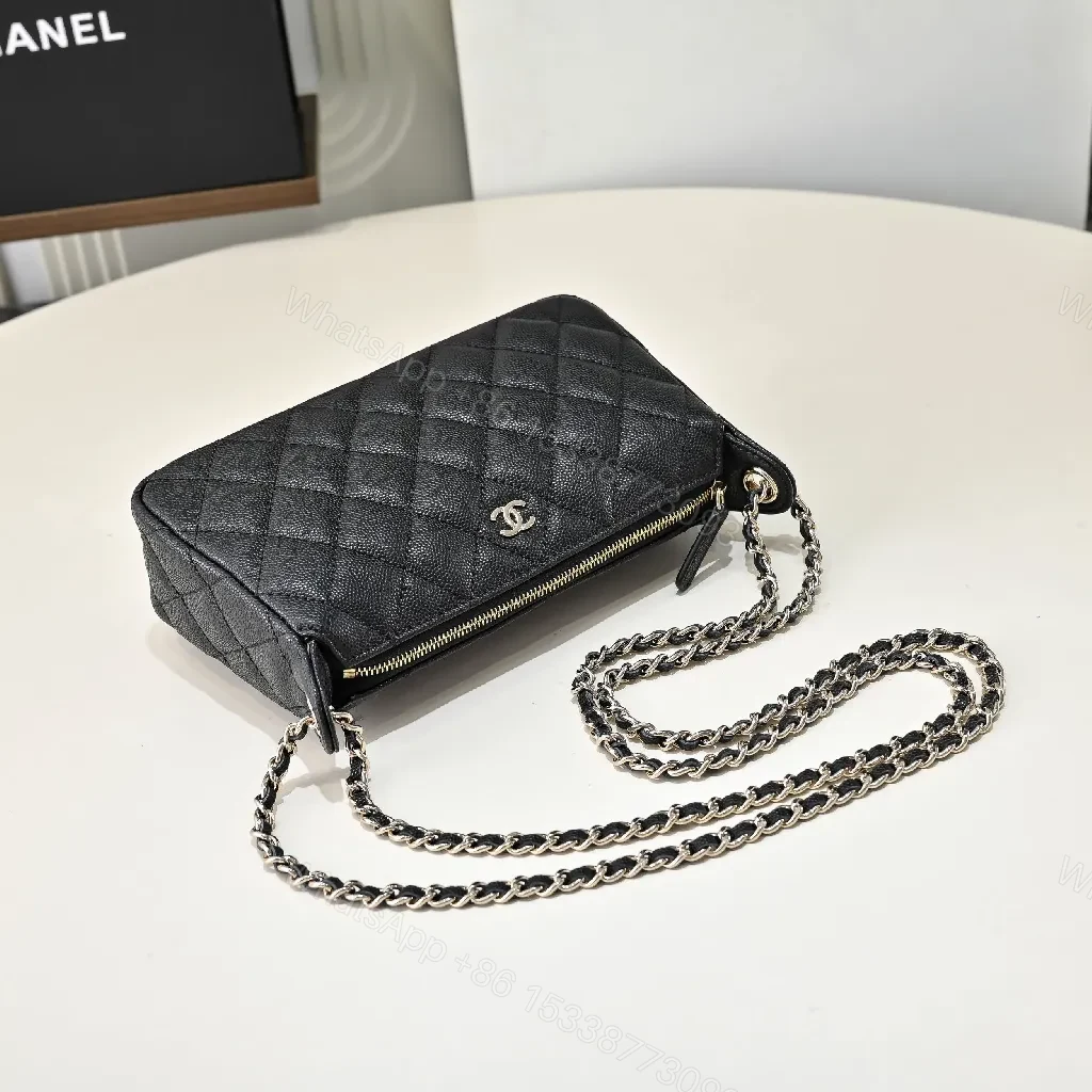 View 6 of Black Quilted Crossbody with Chain, Luxury Compact Bag