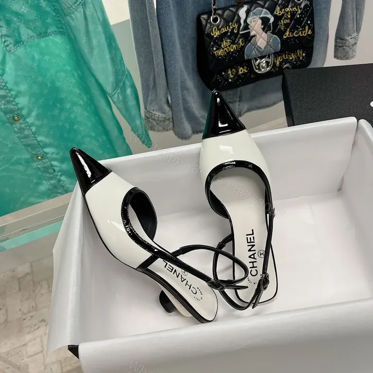 View 9 of Chanel-Inspired White & Black Slingback Heels â€“ Pointed Toe