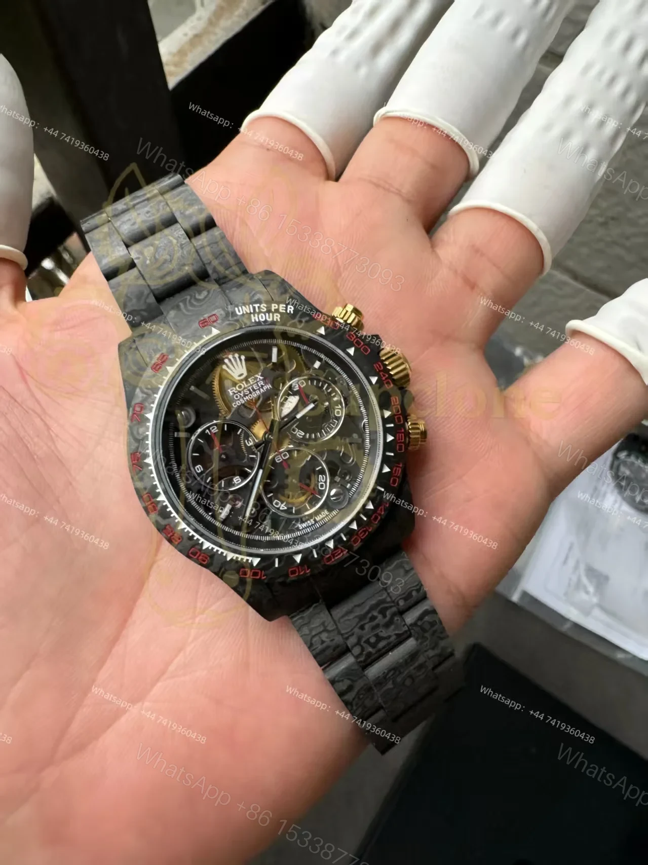 View 6 of Rolex Super Clone Carbon Fiber Daytona Skeleton Red Accents Gold Pushers