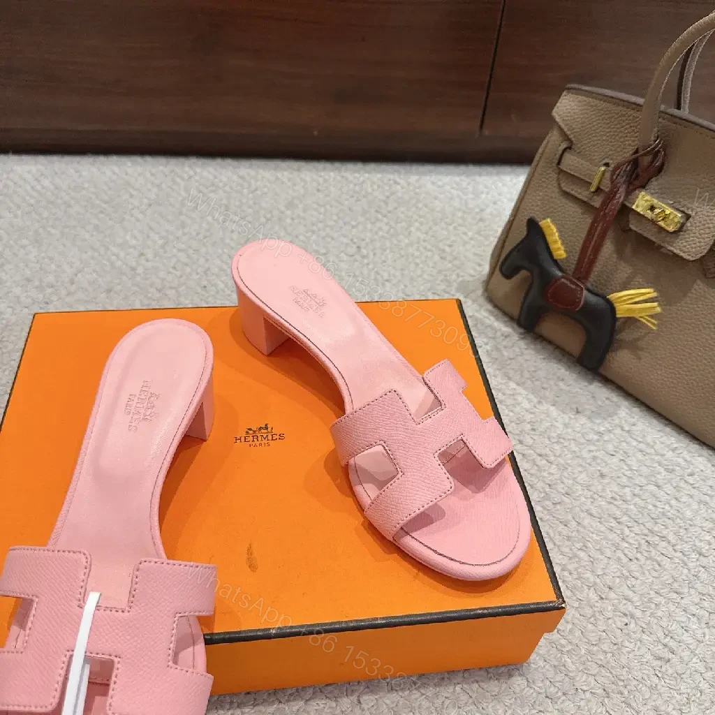 View 6 of Pink Leather H-Style Slide Sandals, Hermès-Inspired, Classic Platform Slide