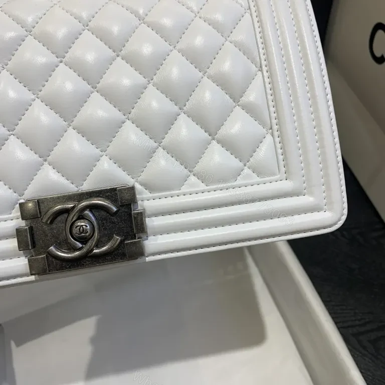 View 8 of White Quilted Leather Shoulder Bag - Modern Luxe, Chain-Accent, Turn-Lock