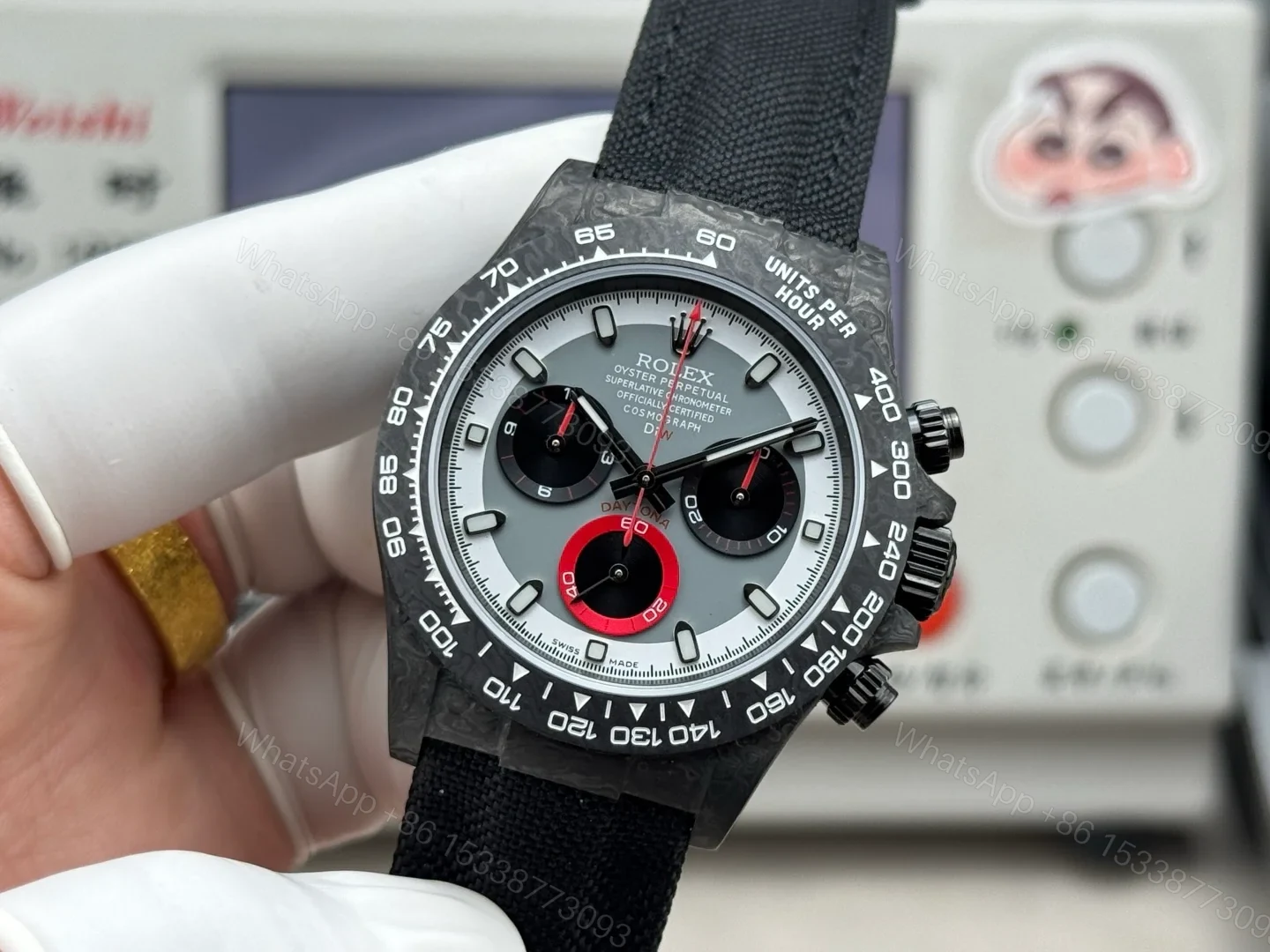 View 3 of Rolex Daytona Carbon Fiber Red Replica 40MM Premium Black Fabric Strap RG-ROLEX-DAYTONA-R74-RED