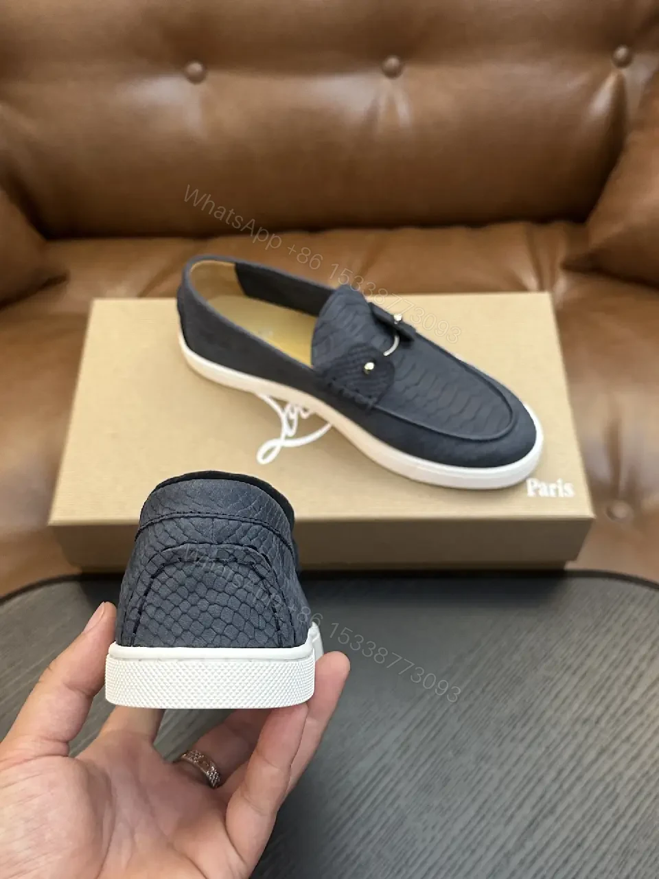View 6 of black crocodile-embossed leather loafer with tassel slip-on for everyday luxury