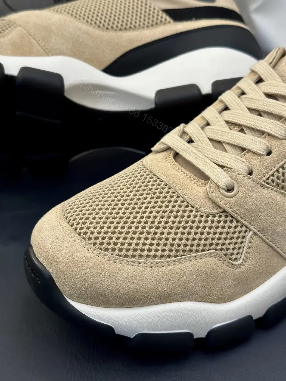 View 2 of Beige Mesh & Suede Sneakers, Lightweight Runner Style, Prada Lookalike