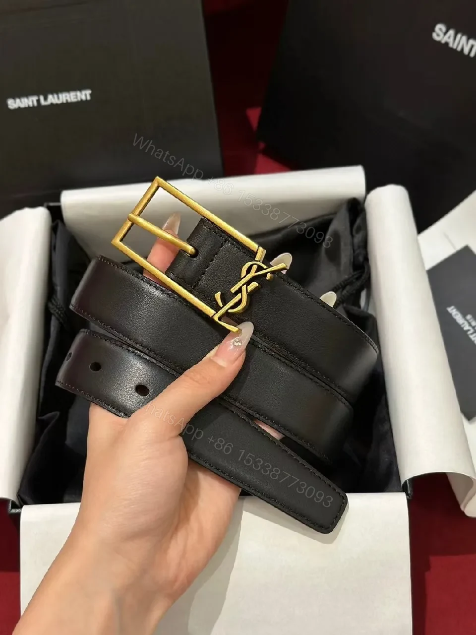 View 6 of Sleek Black Leather Belt with Gold Buckle Detail