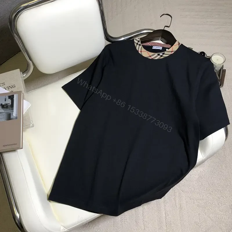 Solid Black Short-Sleeve Tunic with Plaid Collar — view 1