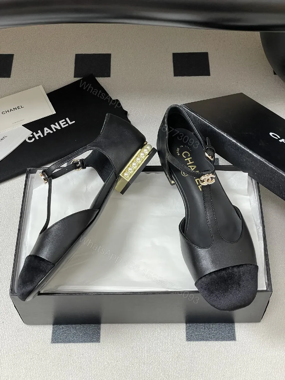 View 8 of Chic Black Suede T-Strap Pumps with Pearl Clasp