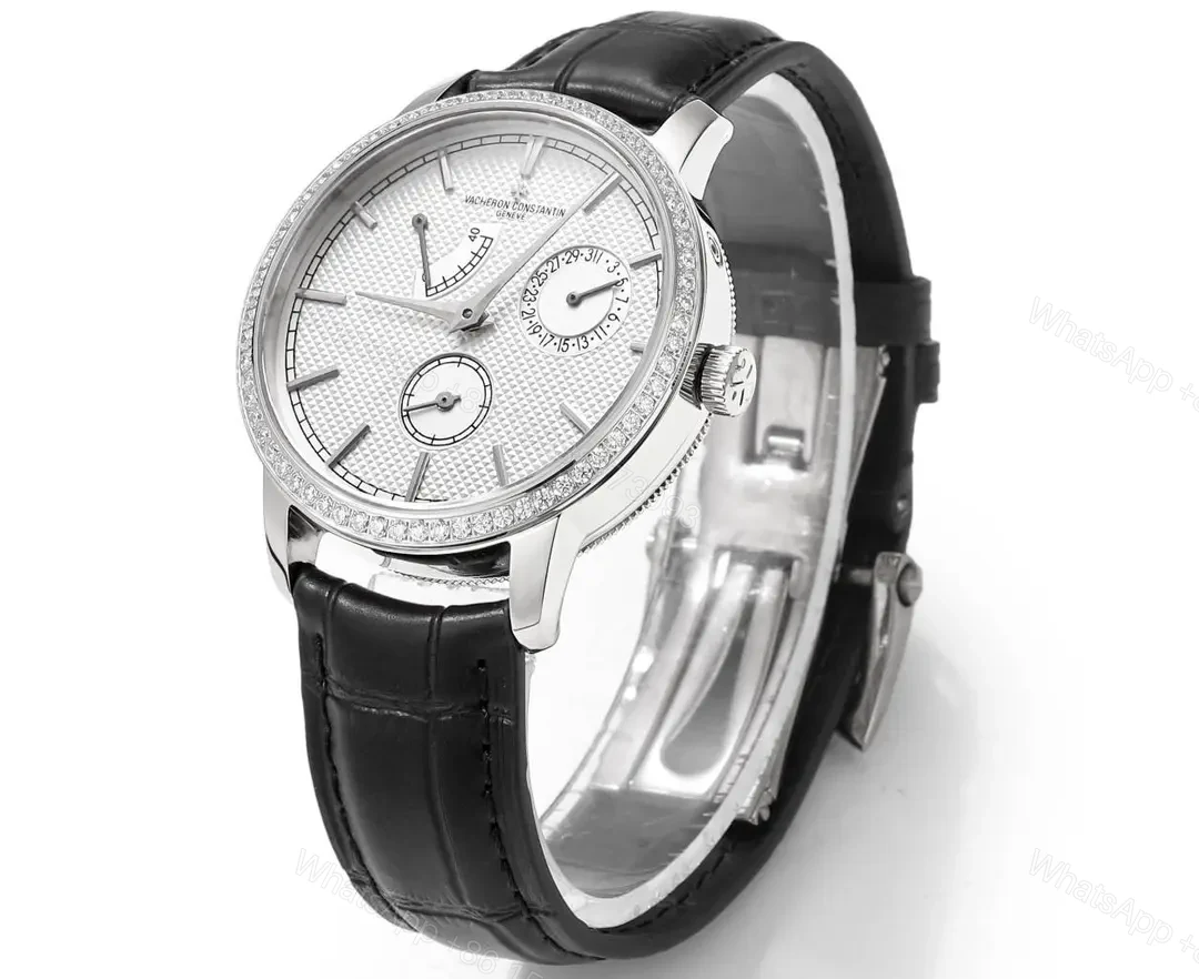View 9 of 8F Factory Vacheron Constantin Traditionnelle Mechanical Watch 83520/000R-9909 – Silver Dial, Black Leather Strap, 40mm Case, Automatic Movement with Power Reserve, Day, Date, and Small Seconds Display