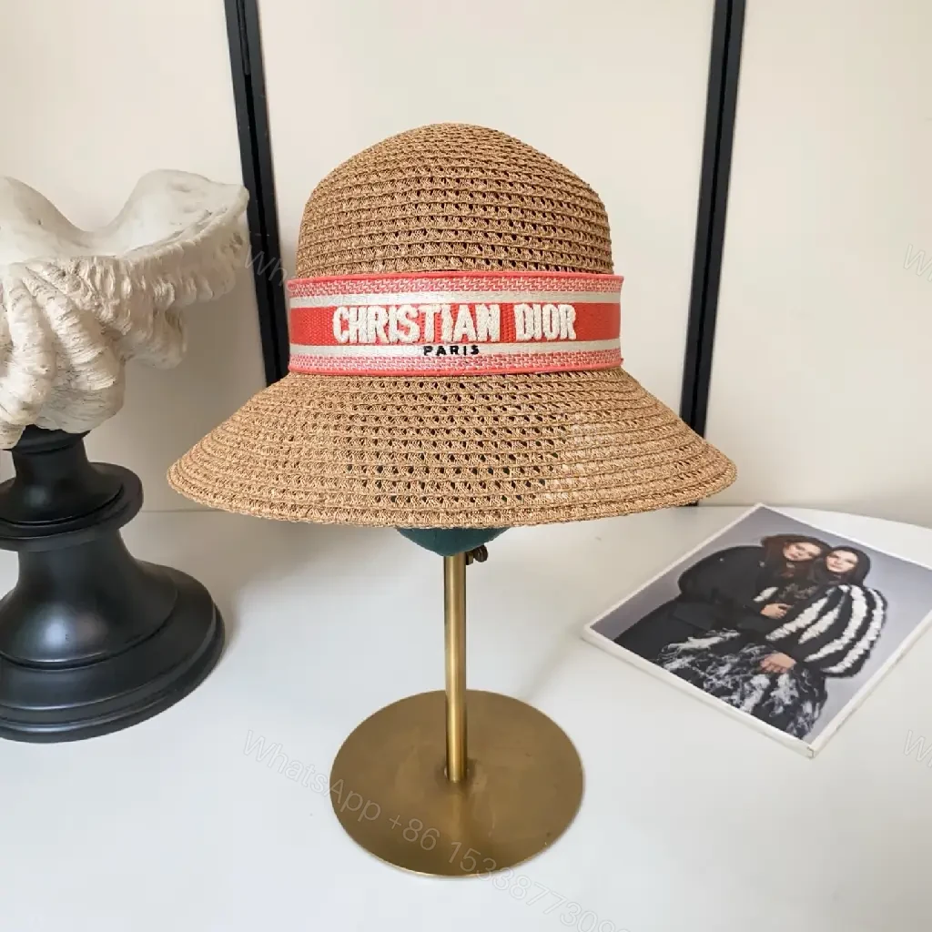 View 5 of Light Brown Straw Hat Wide Brim Red Dior Band Hat