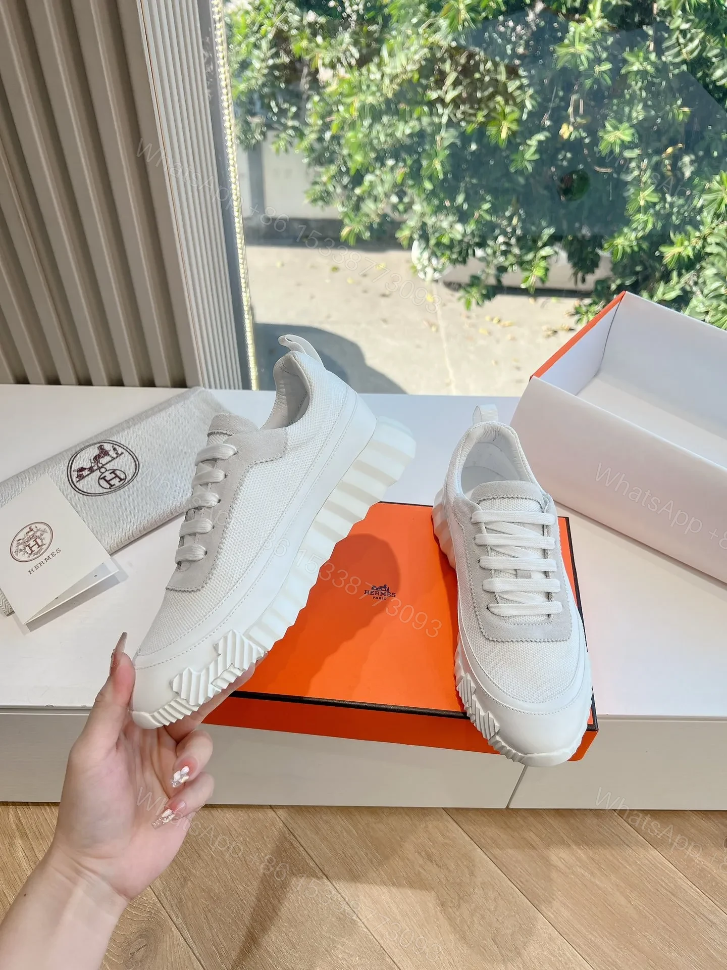 View 2 of Hermes Women White Mesh And Leather Sneakers