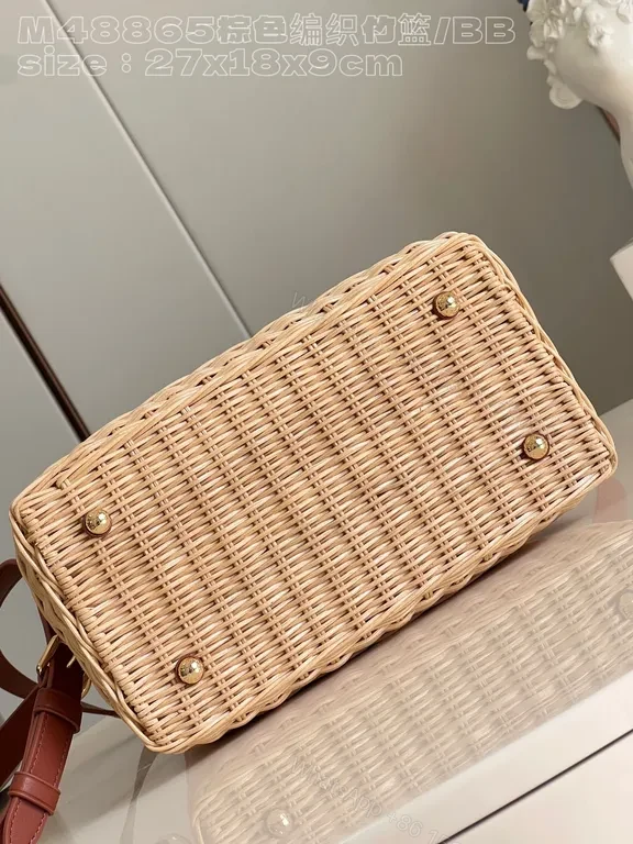 View 3 of Chic Straw Handbag with Leather Trim and LV Emblem