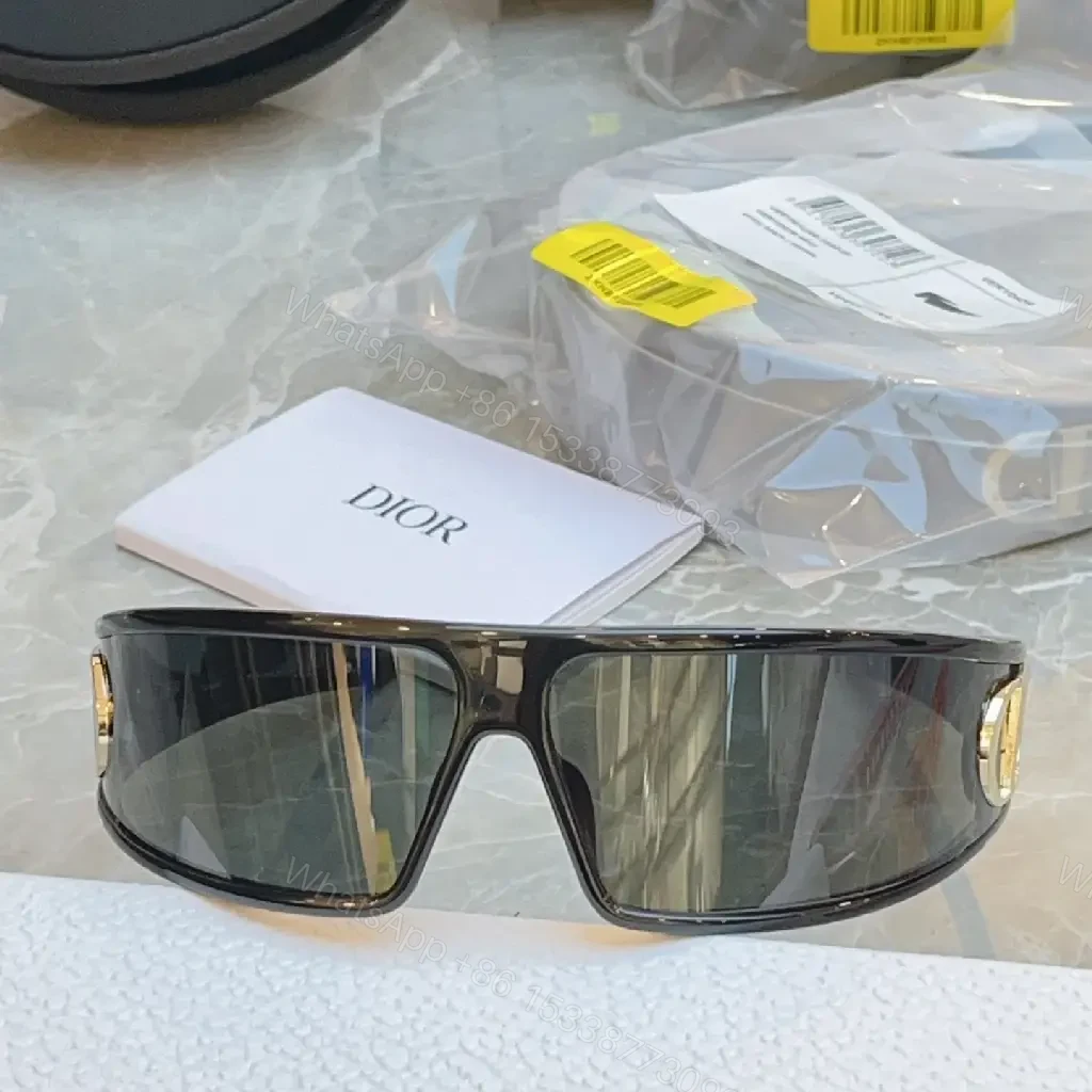 View 8 of Black Frame Sunglasses: Futuristic Wraparound, Dior Gold Logo Lenses