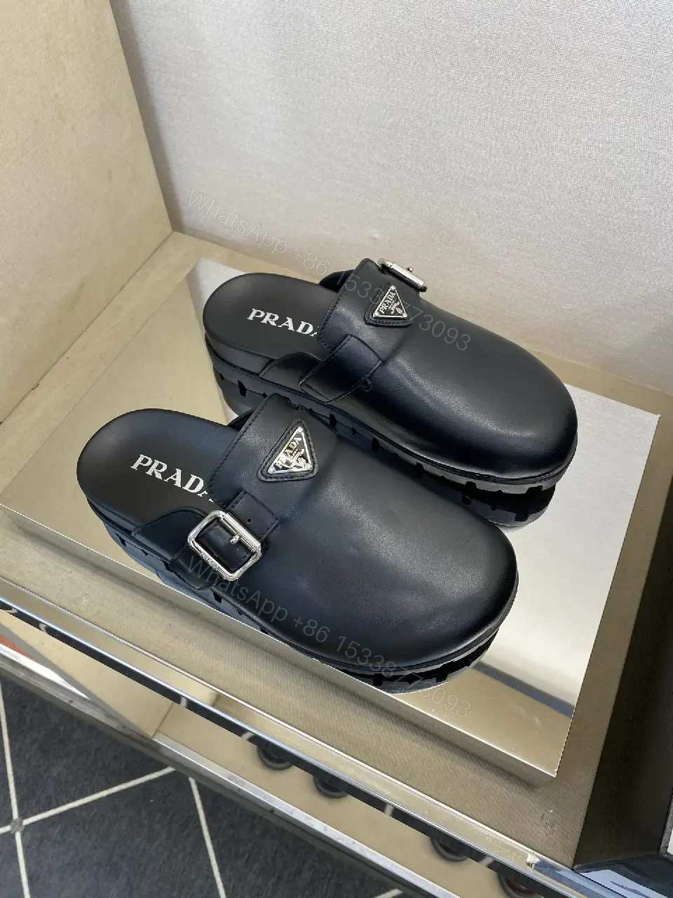 View 3 of Black Leather Slip-ons Mens Prada Style Buckle Sandals