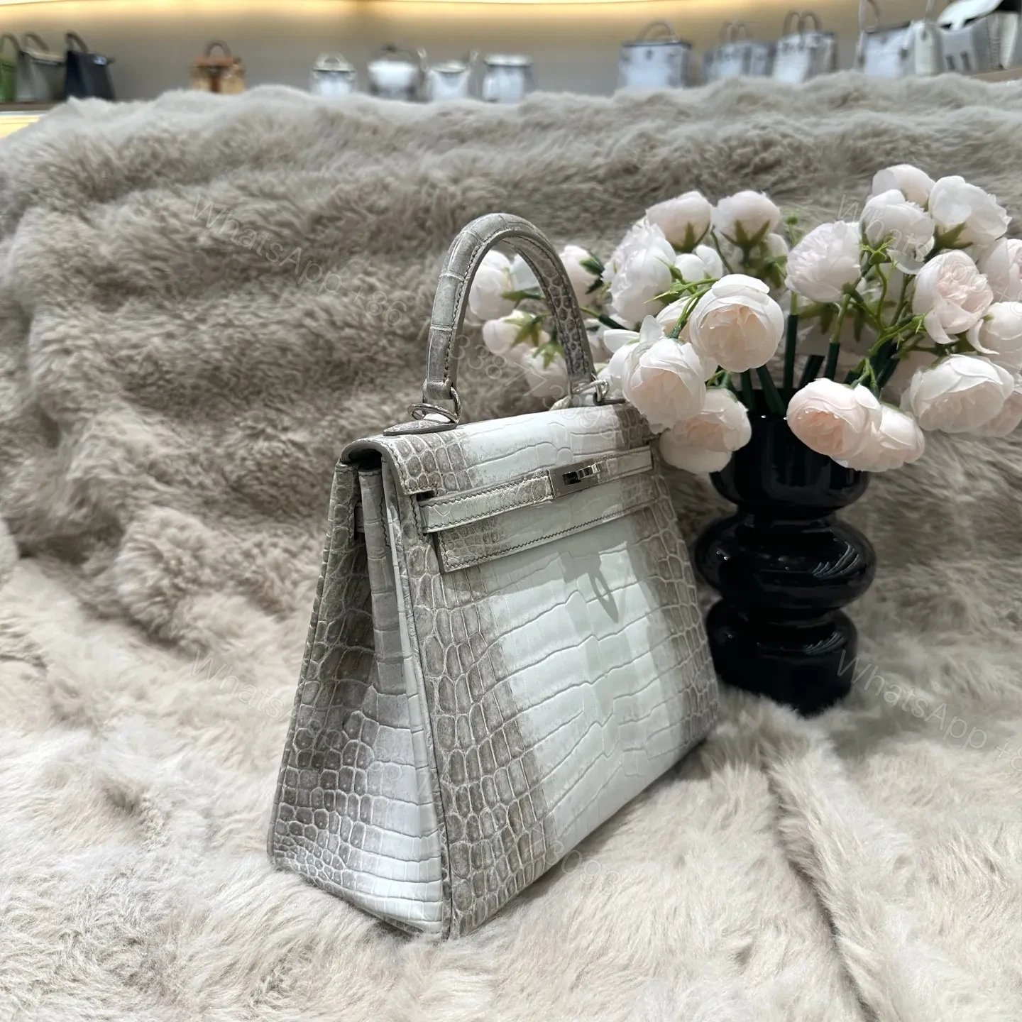 View 3 of Hermes Kelly 25cm Himalaya Crocodile Leather Silver Hardware