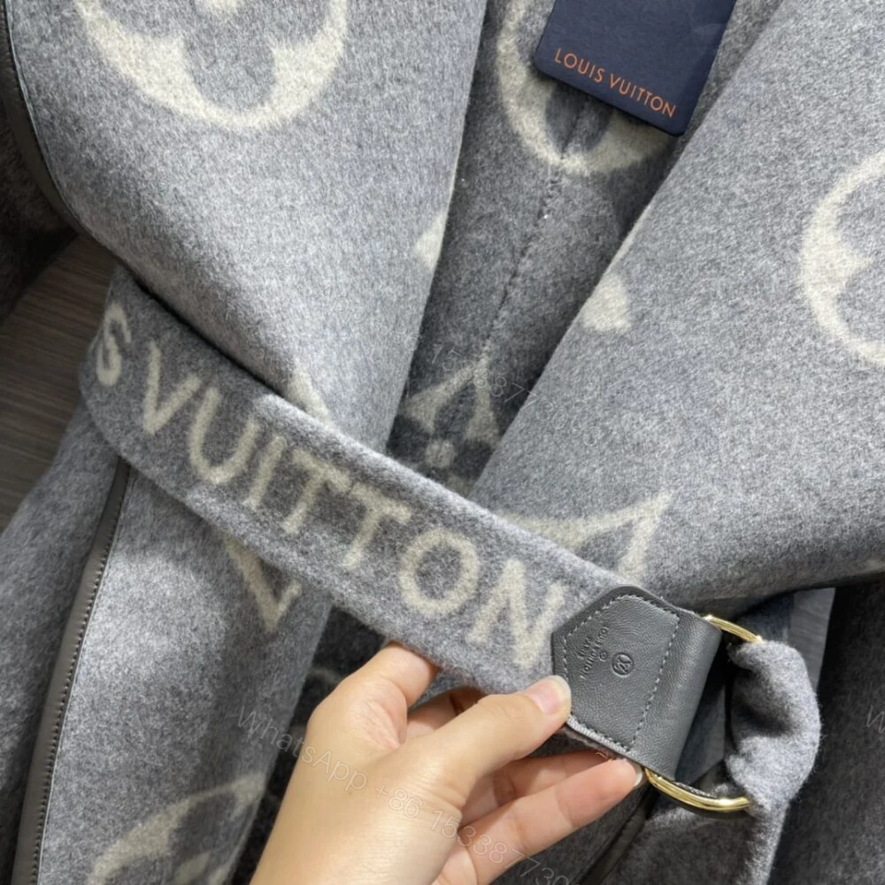 View 7 of Louis Vuitton Belted Double Sided Hooded Wrap Coat Gray 1A92VF