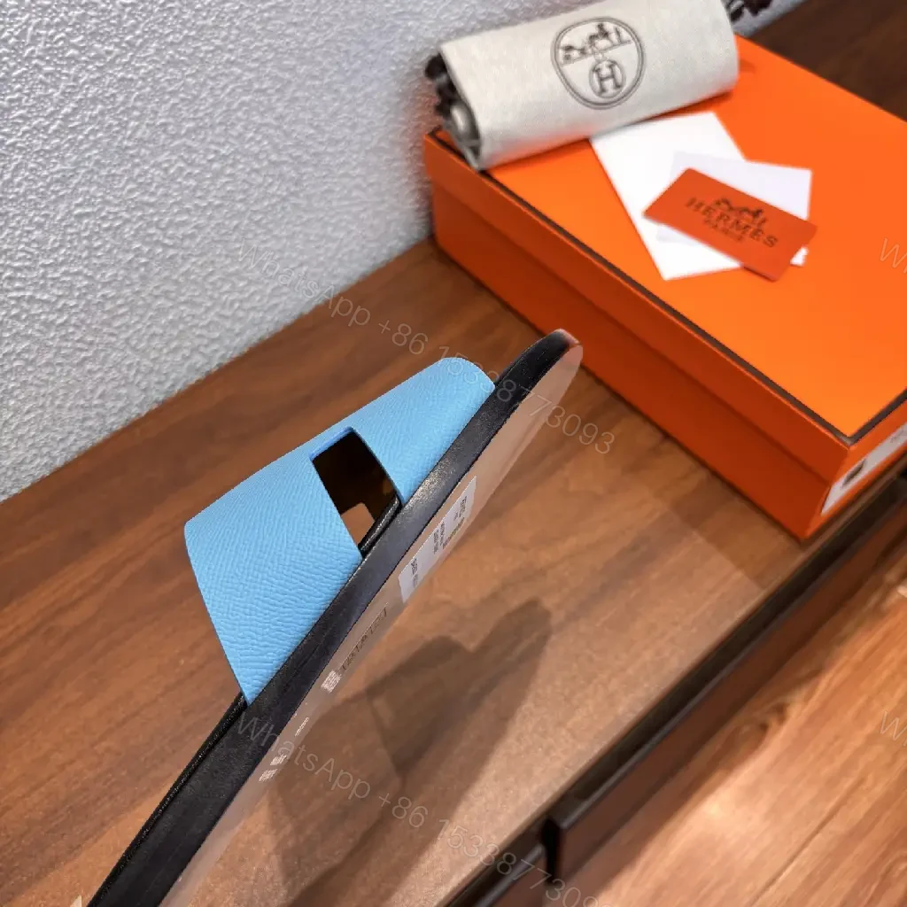 View 2 of Blue Leather Slide Sandals - Hermes Style, Comfortable Slip-ons