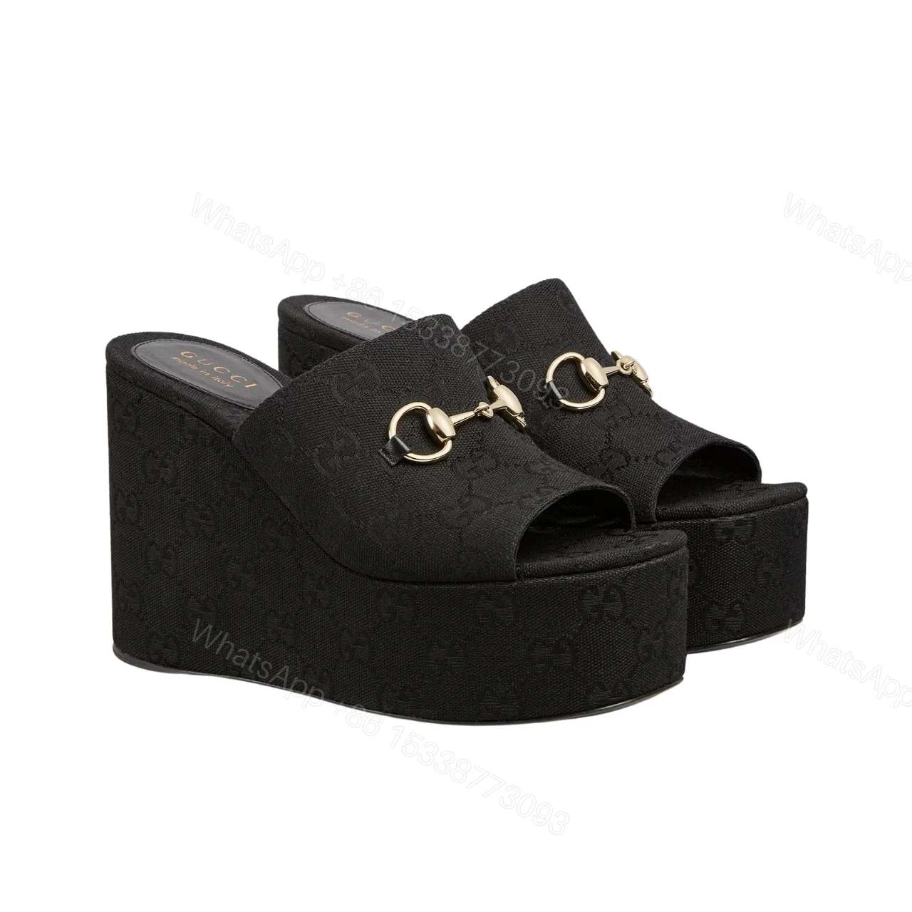 GUCCI WOMEN’S WEDGE SANDAL WITH HORSEBIT BLACK 816328 FAB10 1000 — view 1