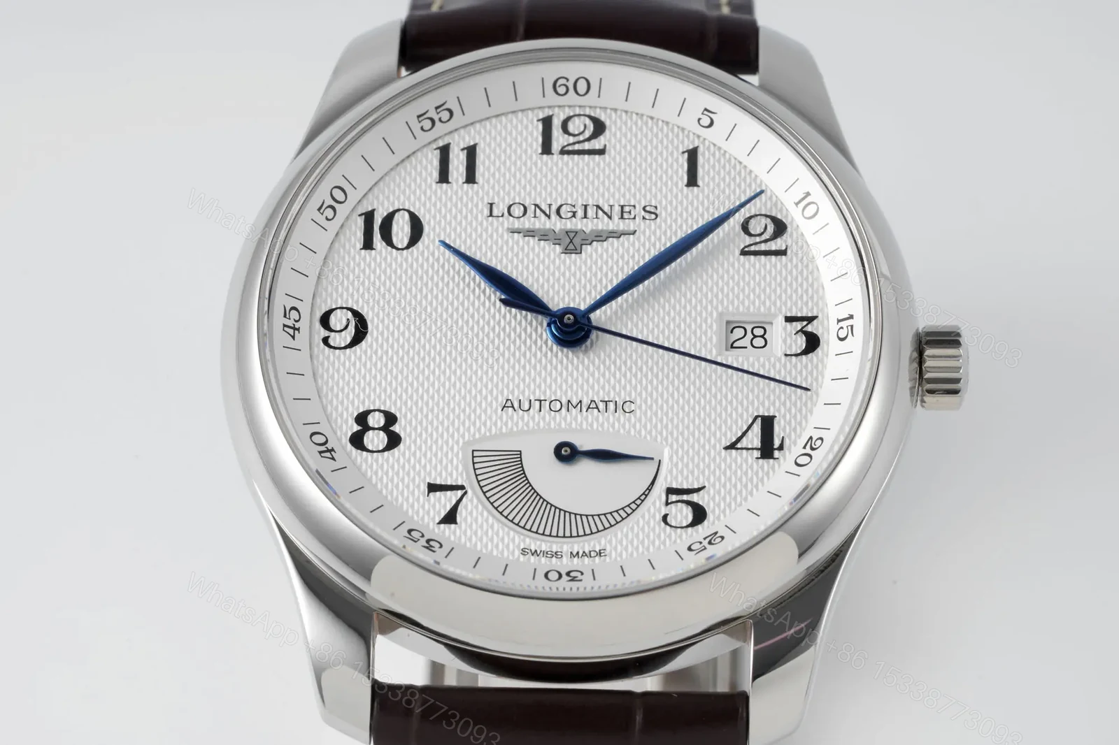 View 2 of Longines Master Collection Automatic Watch Silver Dial Blue Hands Brown Leather Strap