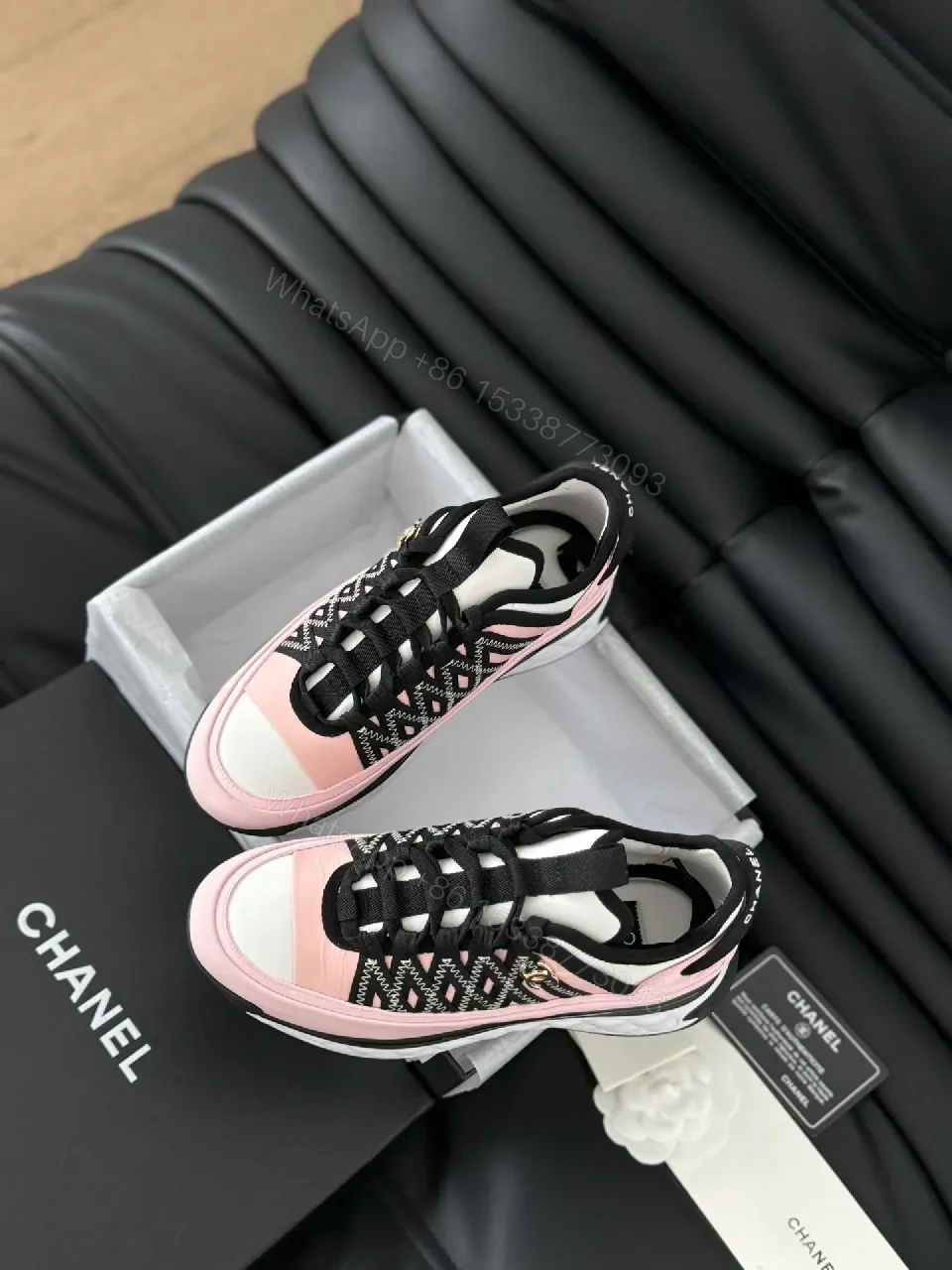 View 5 of Pink & Black Patterned Low-Top Sneakers with Luxe Details