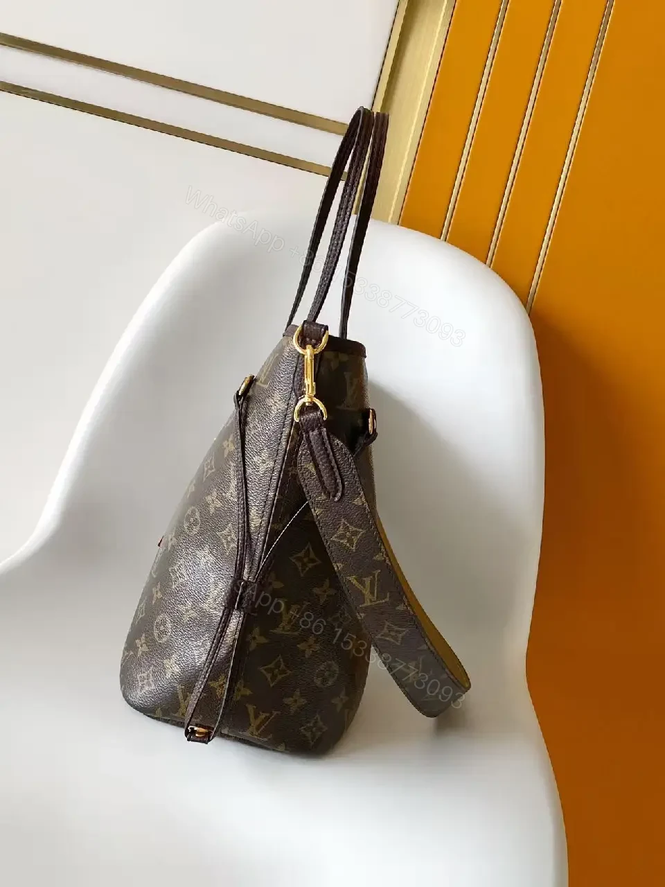 View 8 of Brown Canvas Tote Bag Monogram Structured Top-Handle with Shoulder Strap