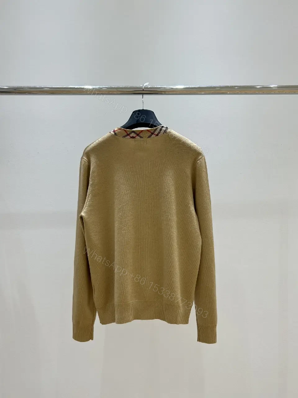 View 4 of Warm Camel Merino Knit Cardigan with Luxe Interior Check