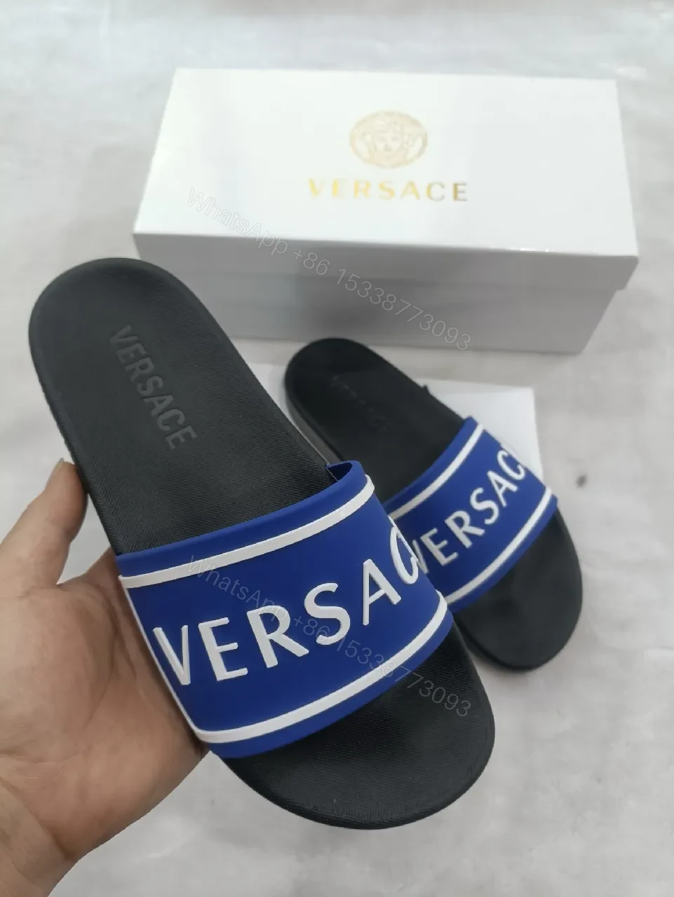 View 7 of Bold Logo Stride Sliders: Blue-White Luxury Comfort Sandals