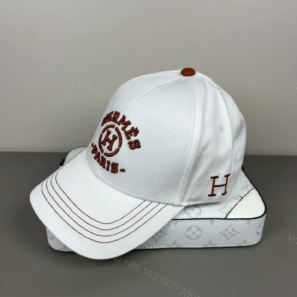 View 4 of White Cotton Cap + Embroidered Hermes Pattern + Modern Crown + Subtle Luxury + Cap