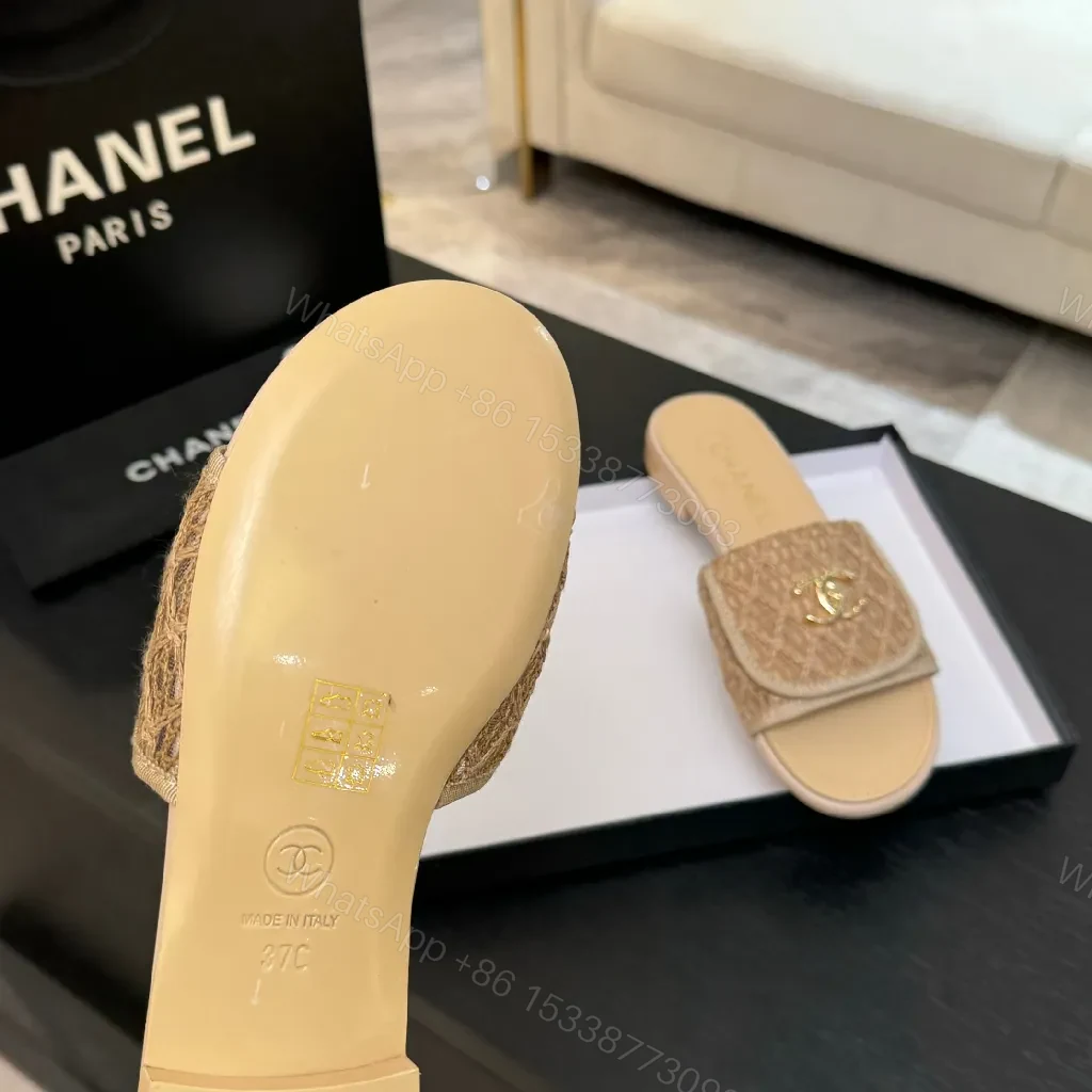 View 7 of Beige Textured Slides with Gold Logo Luxury Comfort