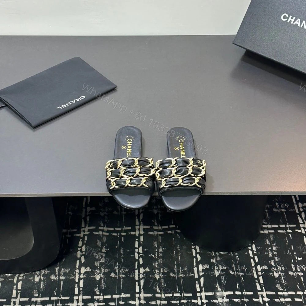 View 4 of Chanel Slide Sandals Gold Chain Black