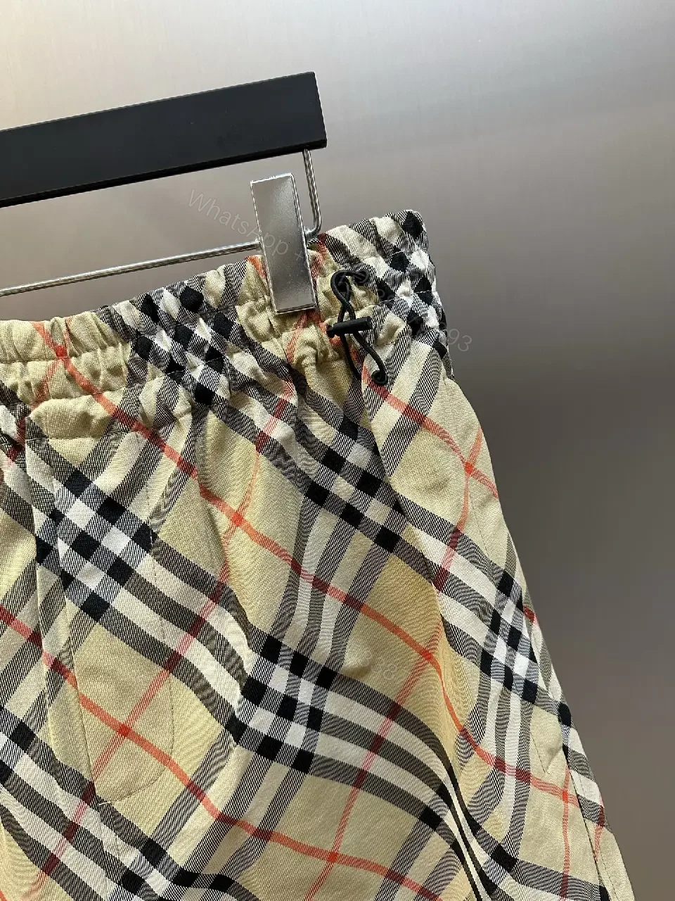 View 10 of Beige Burberry-Style Cotton Plaid Shorts with Drawstring Elastic Waist