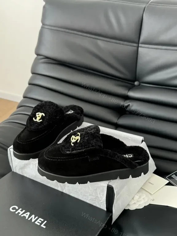 View 6 of Velvet Trim Slippers - Chanel-Inspired, Gold Logo Slip-Ons