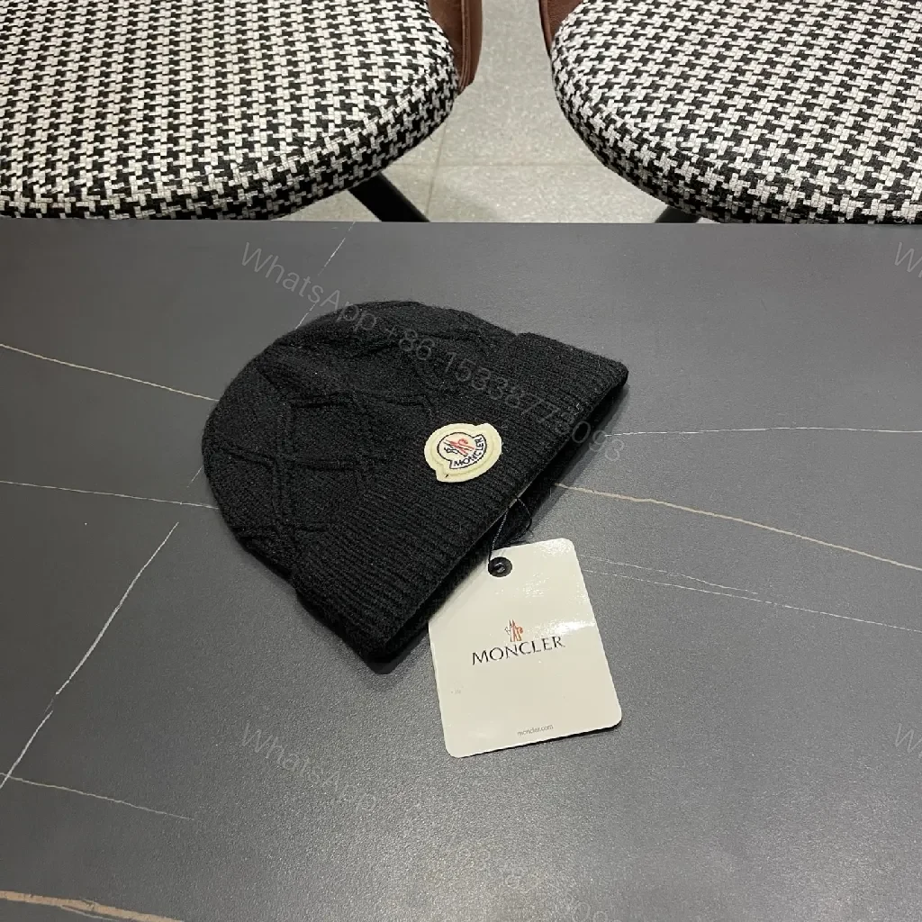 View 2 of Black Knit Beanie with Diamond Texture — Ultra-Wine?
