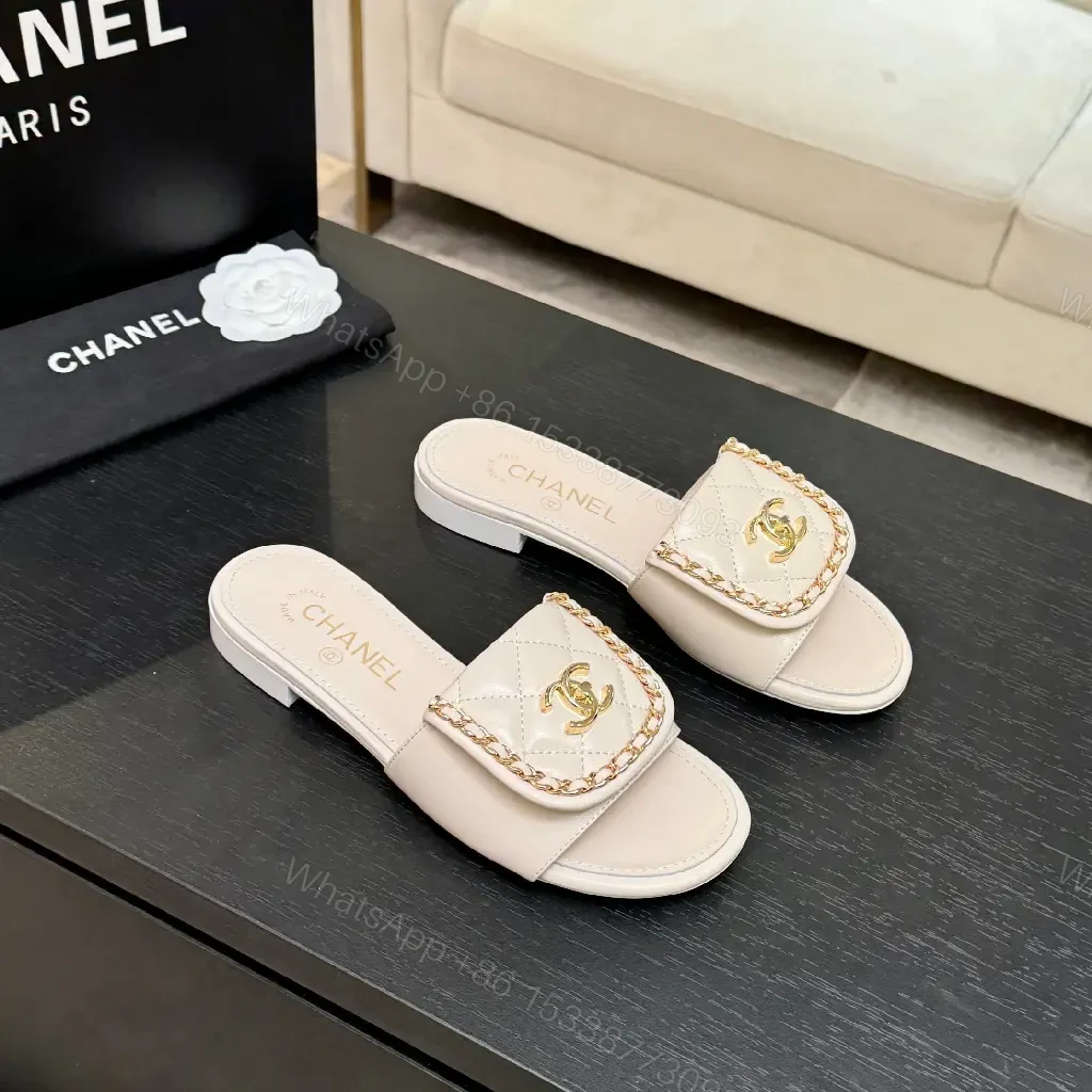 View 7 of Quilted Leather Slides + Gold Emblem + Luxury Casual Slip-ons