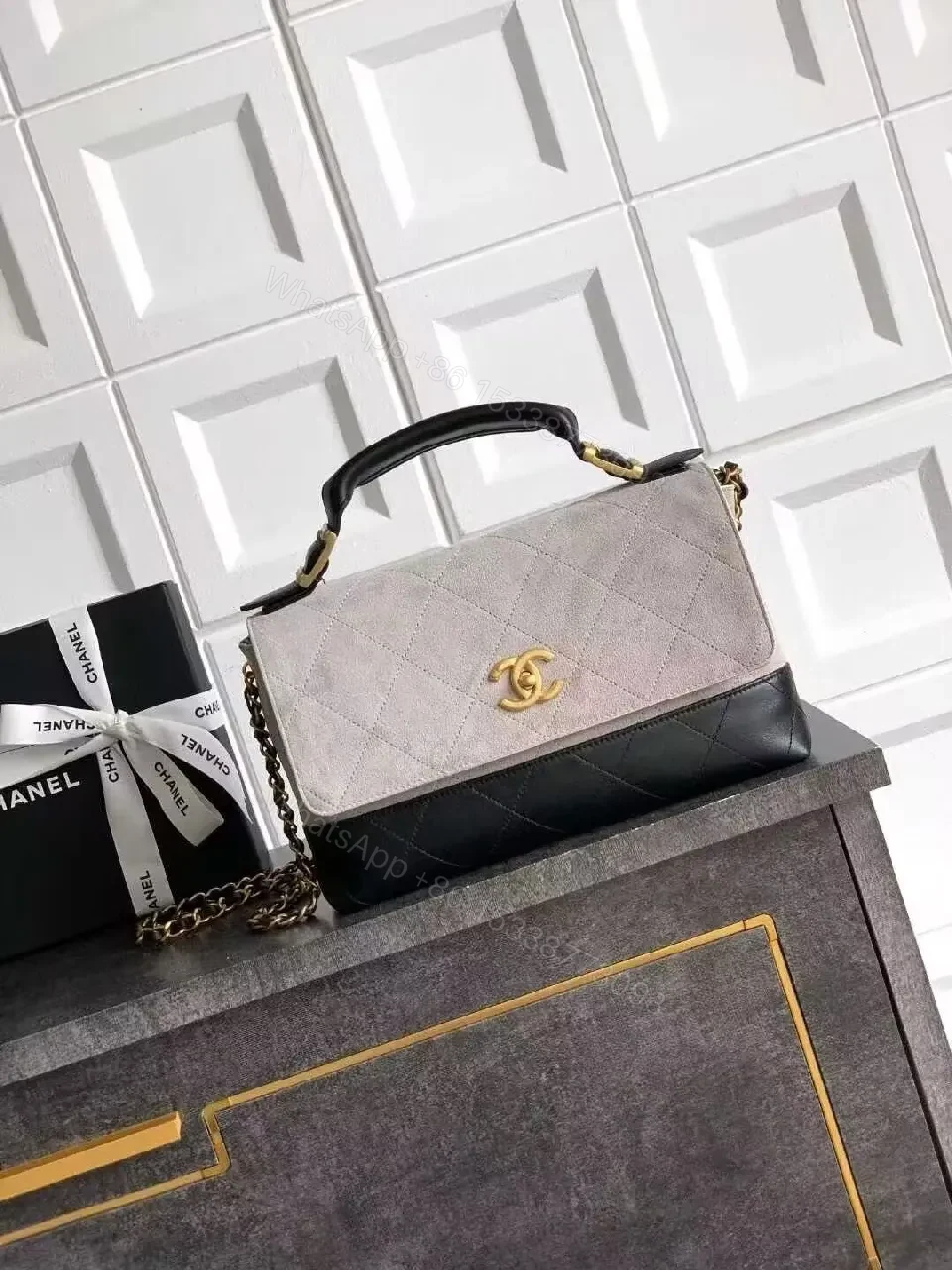 Soft Taupe & Black Quilted Mini Bag with Gold Hardware - Two-Tone Luxury Bag — view 1