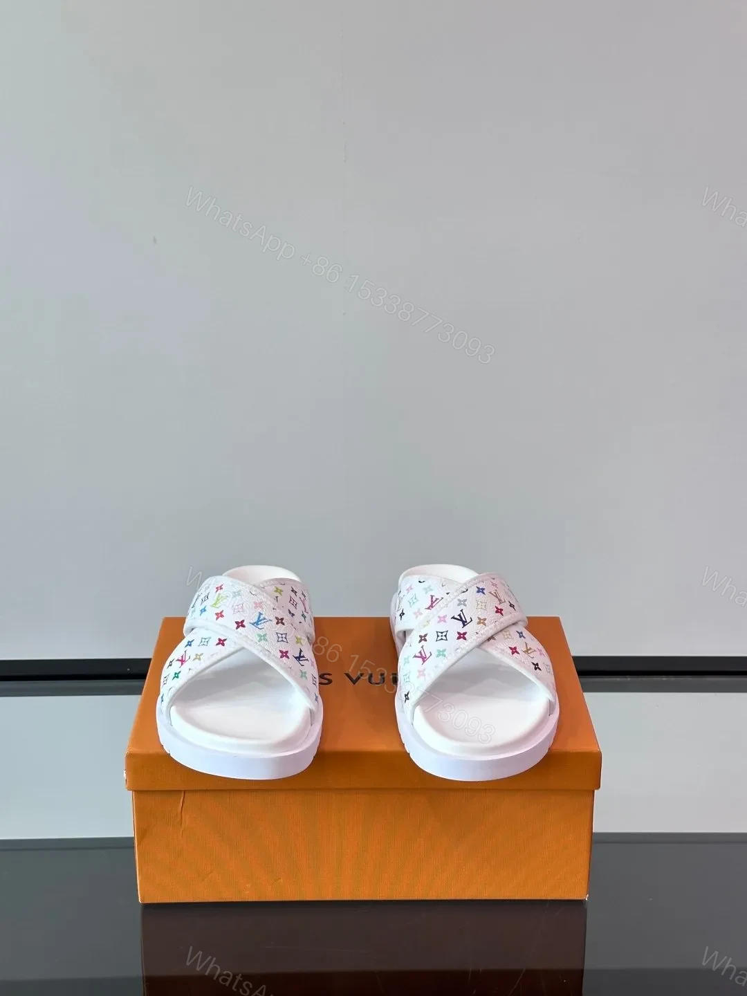 View 2 of LV Men White Multicolor Leather Slides