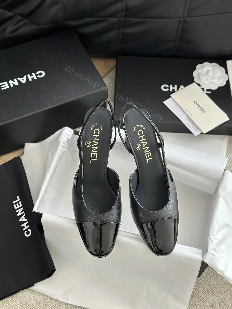 View 7 of Black Leather Slingbacks with Cap Toe – Quilted, Durable Comfort