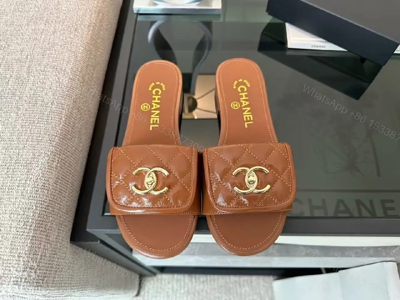 View 3 of Quilted Leather Slides with Gold Hardware, Luxury Casual Glide