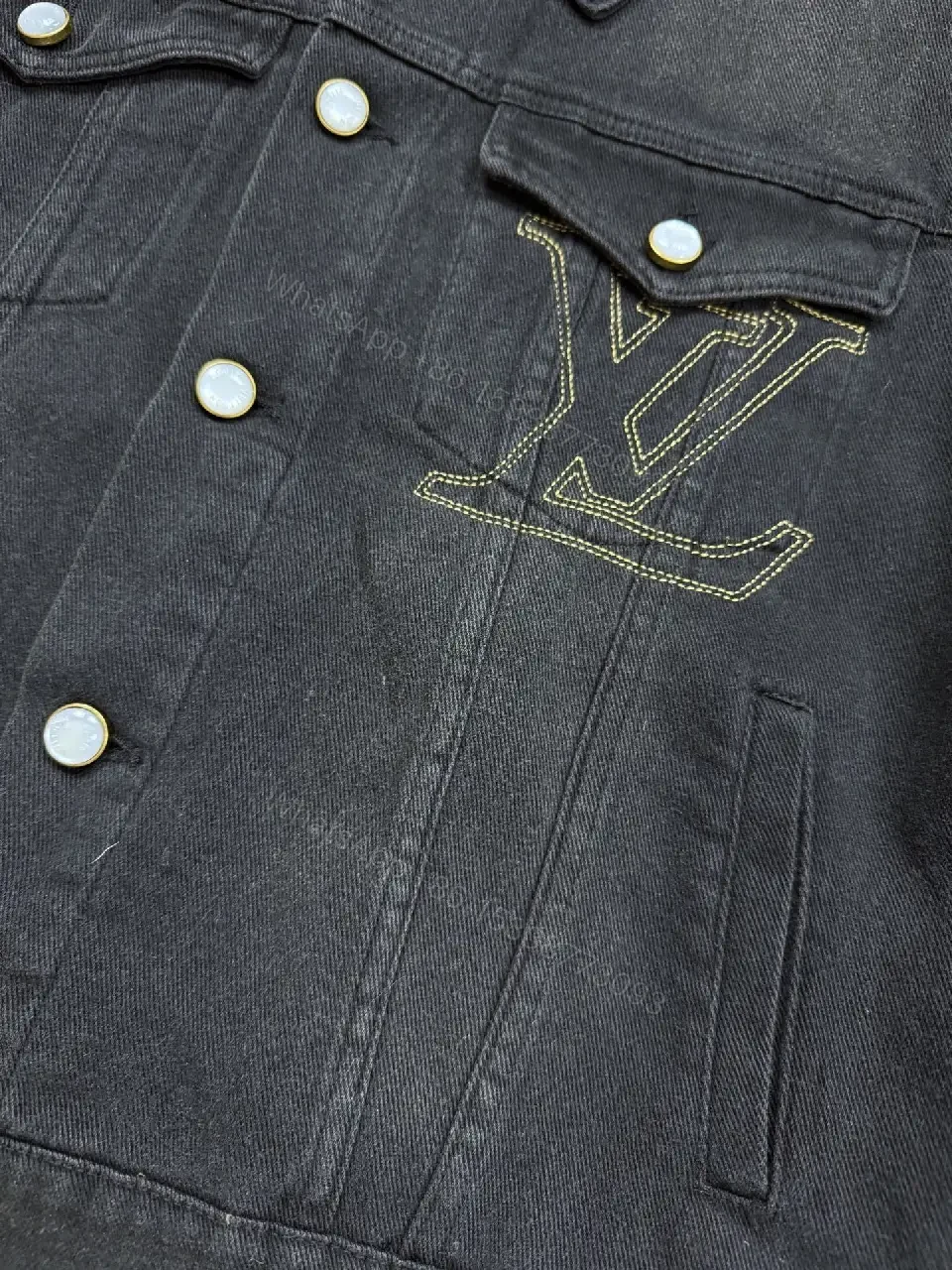 View 8 of Dark Denim Jacket + LV-Inspired Logo Stitching + Edgy Casual + Signature Logo Detail + Jacket