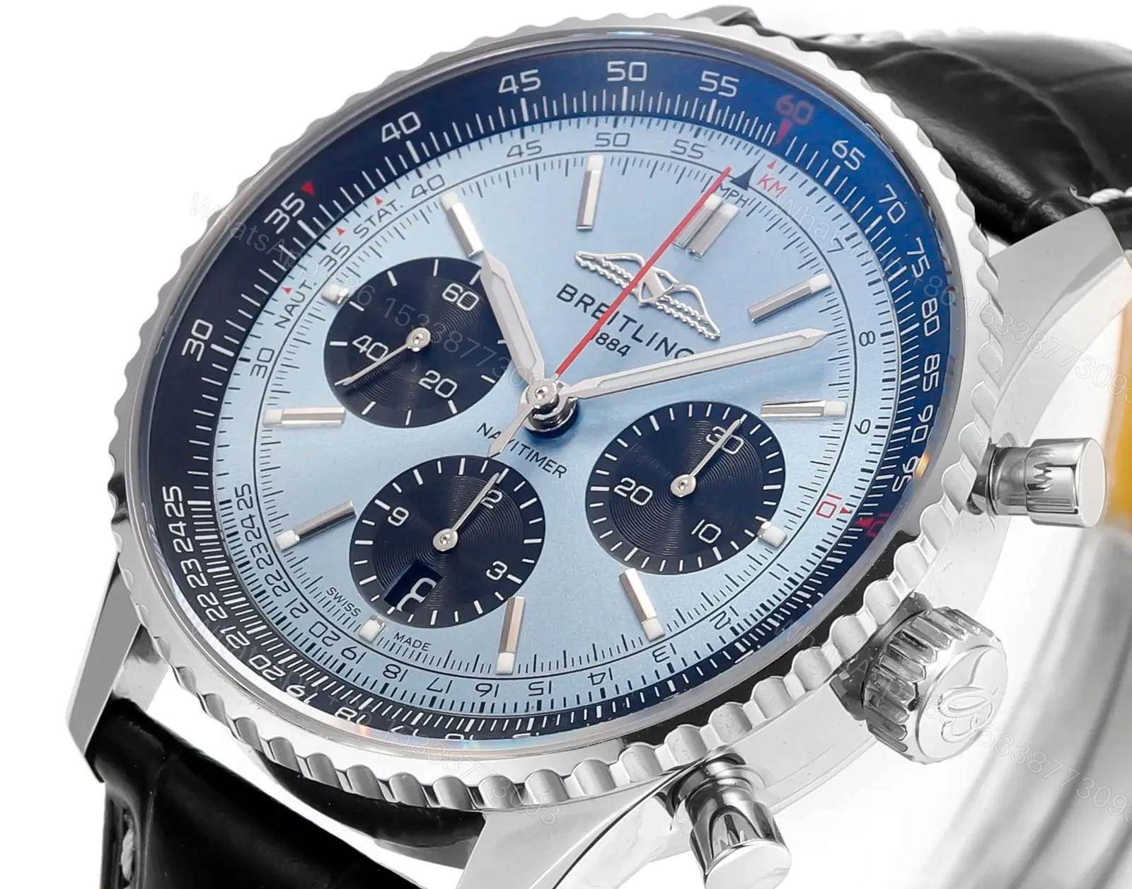 View 3 of Super Clone Breitling Navitimer B01 Ice Blue Leather Strap 43MM Premium AB0138241C1P1