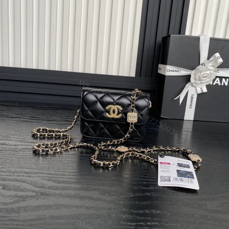 Compact Quilted Chain Bag with Gold Hardware - Luxury Shadow Black Leather — view 1