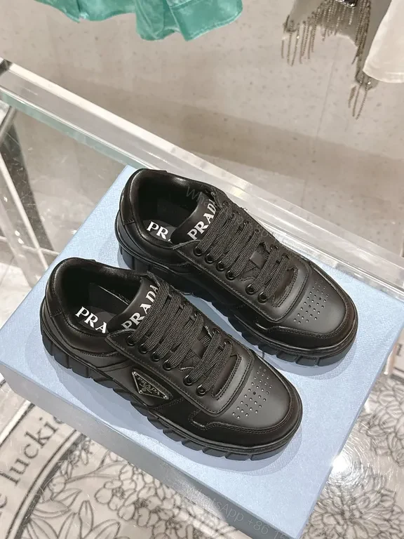 View 4 of Black Leather Lace-Up Sneakers with Prada-Inspired Logo