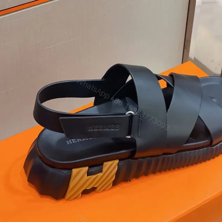 View 5 of Matte-Black Hermes-Influenced Sandals: Sculpted Comfort Platform