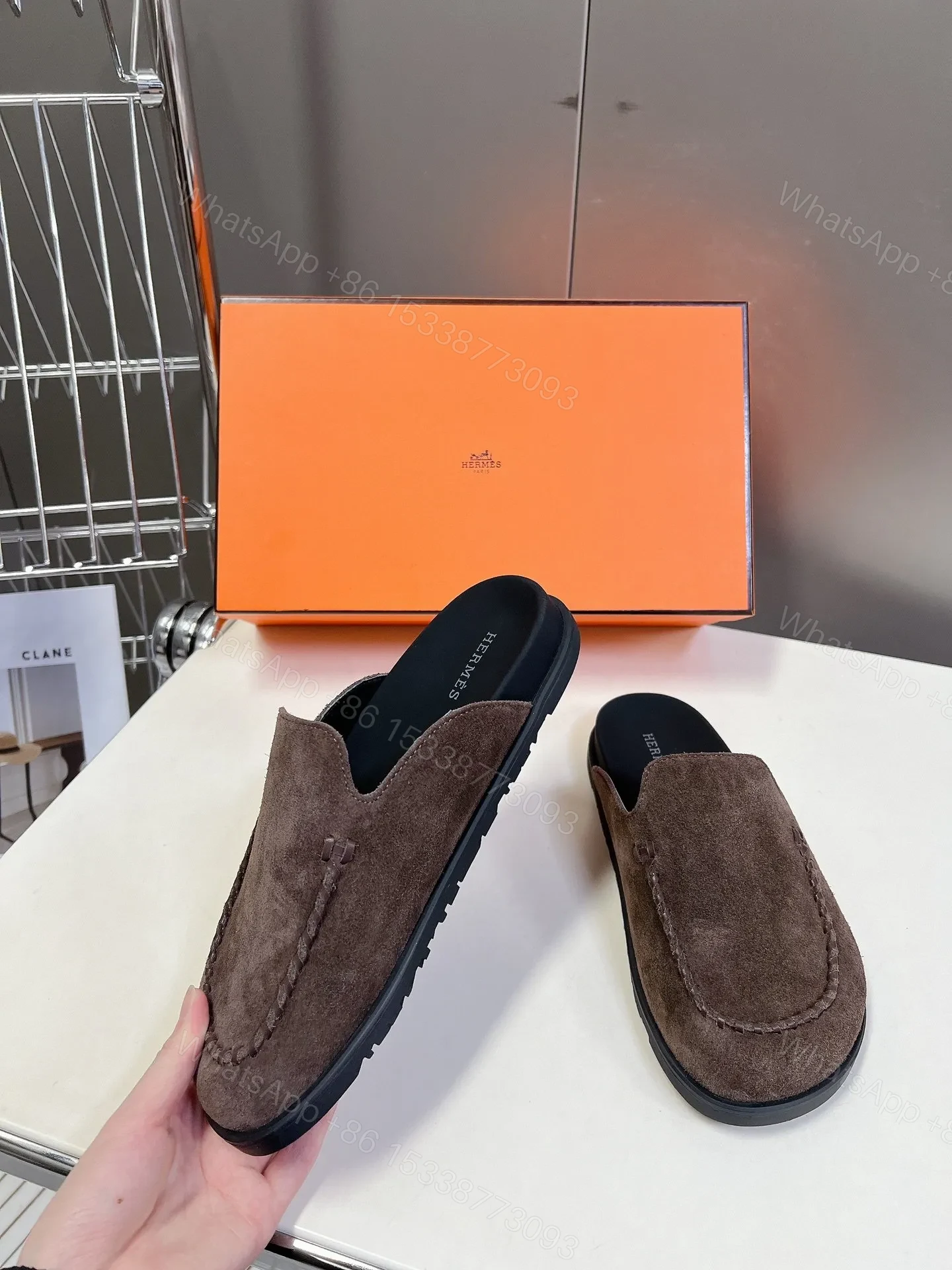 View 3 of Hermes Women Brown Suede Slippers