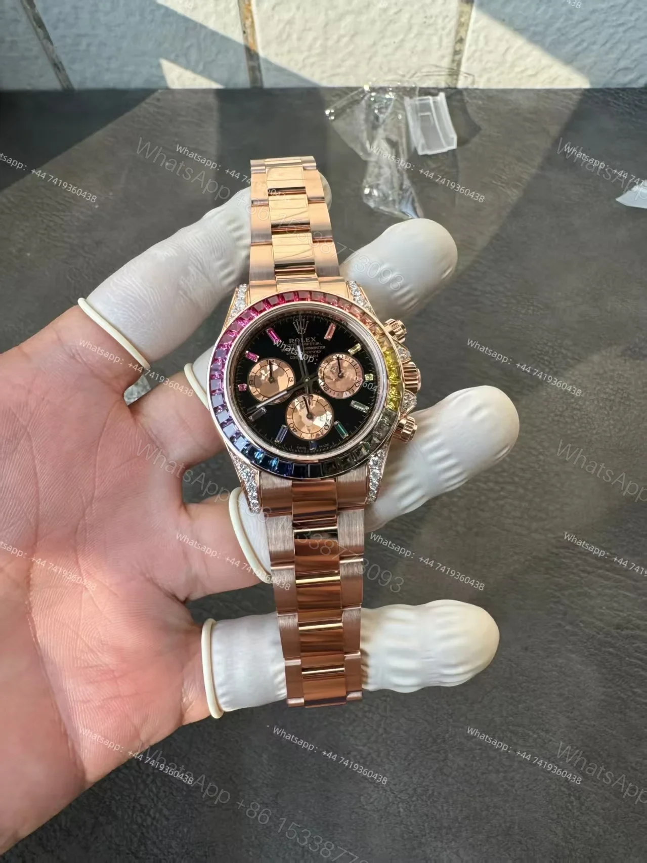 View 24 of Rolex Super Clone Rainbow Daytona 1:1 Replica Watch – 18K Rose Gold