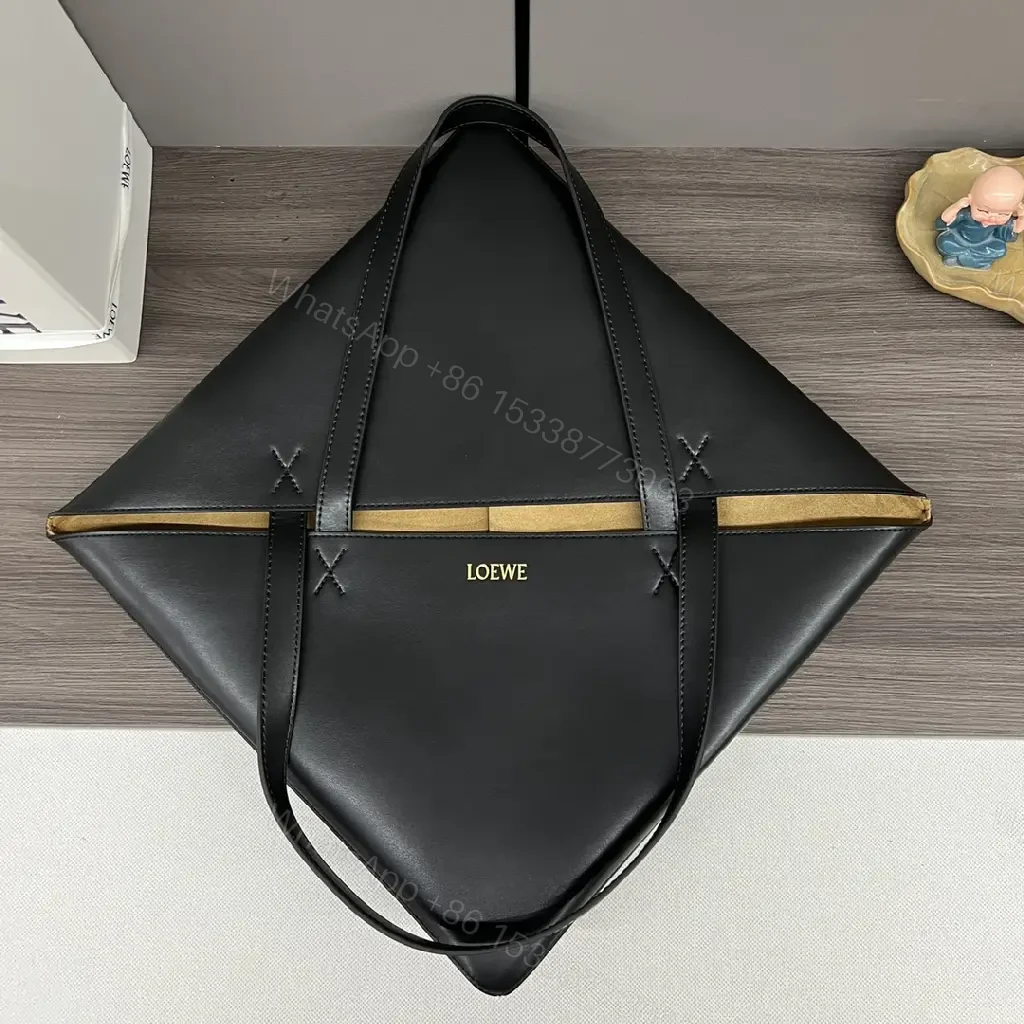 View 2 of Black Leather Structured Tote with Geometric Panels & Gold LOEWE Logo