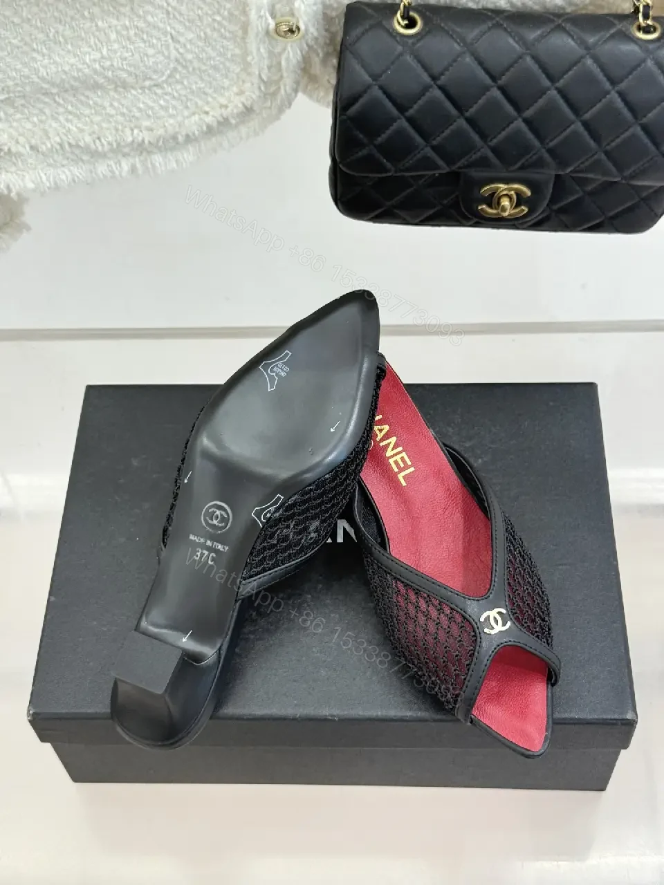View 10 of Red/Black Satin Mesh Slip-On Heels Quilted Chain Bag (Chanel-inspired)