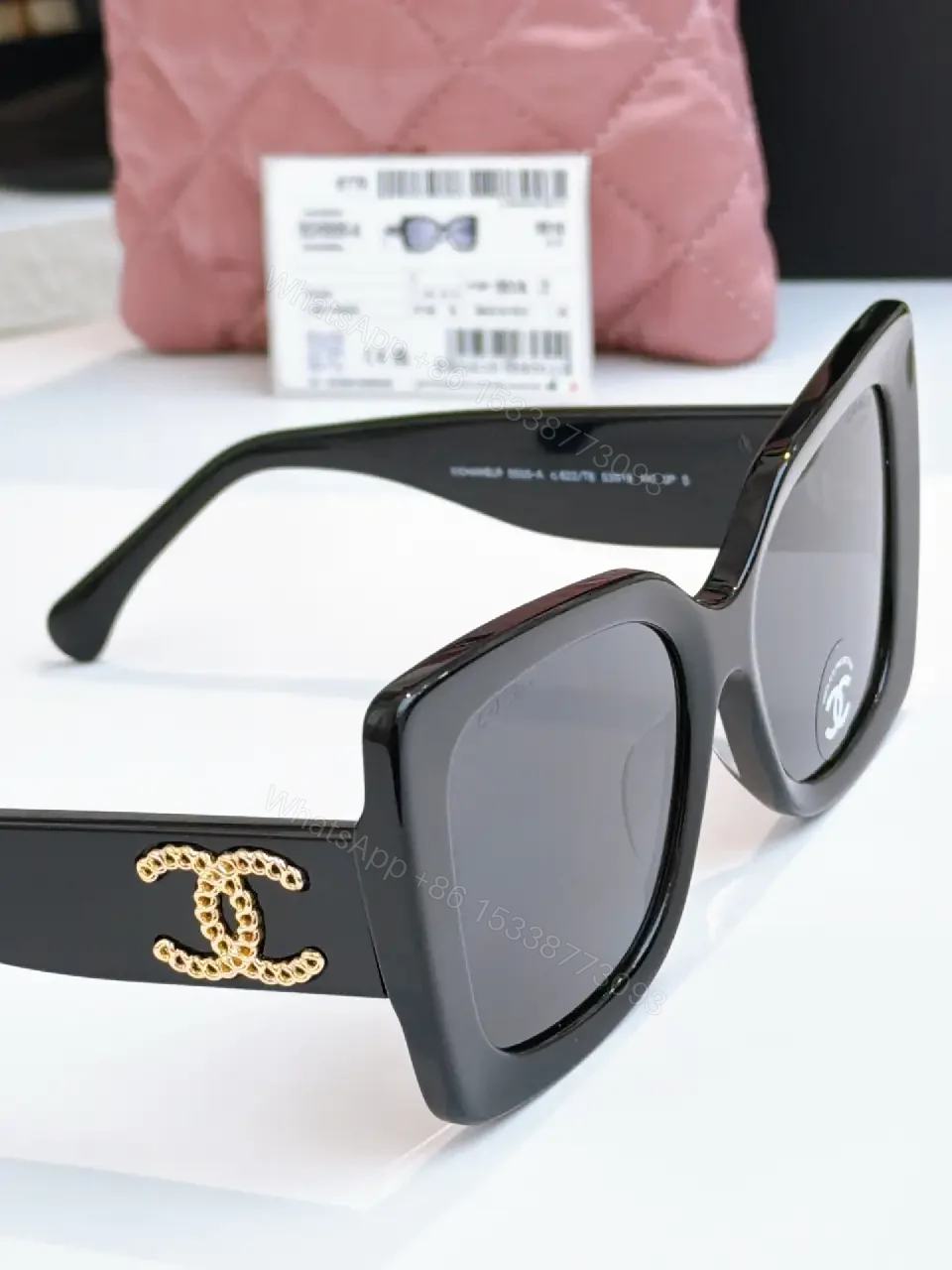View 7 of Oversized Black Acetate Sunglasses with Gold Logo Details