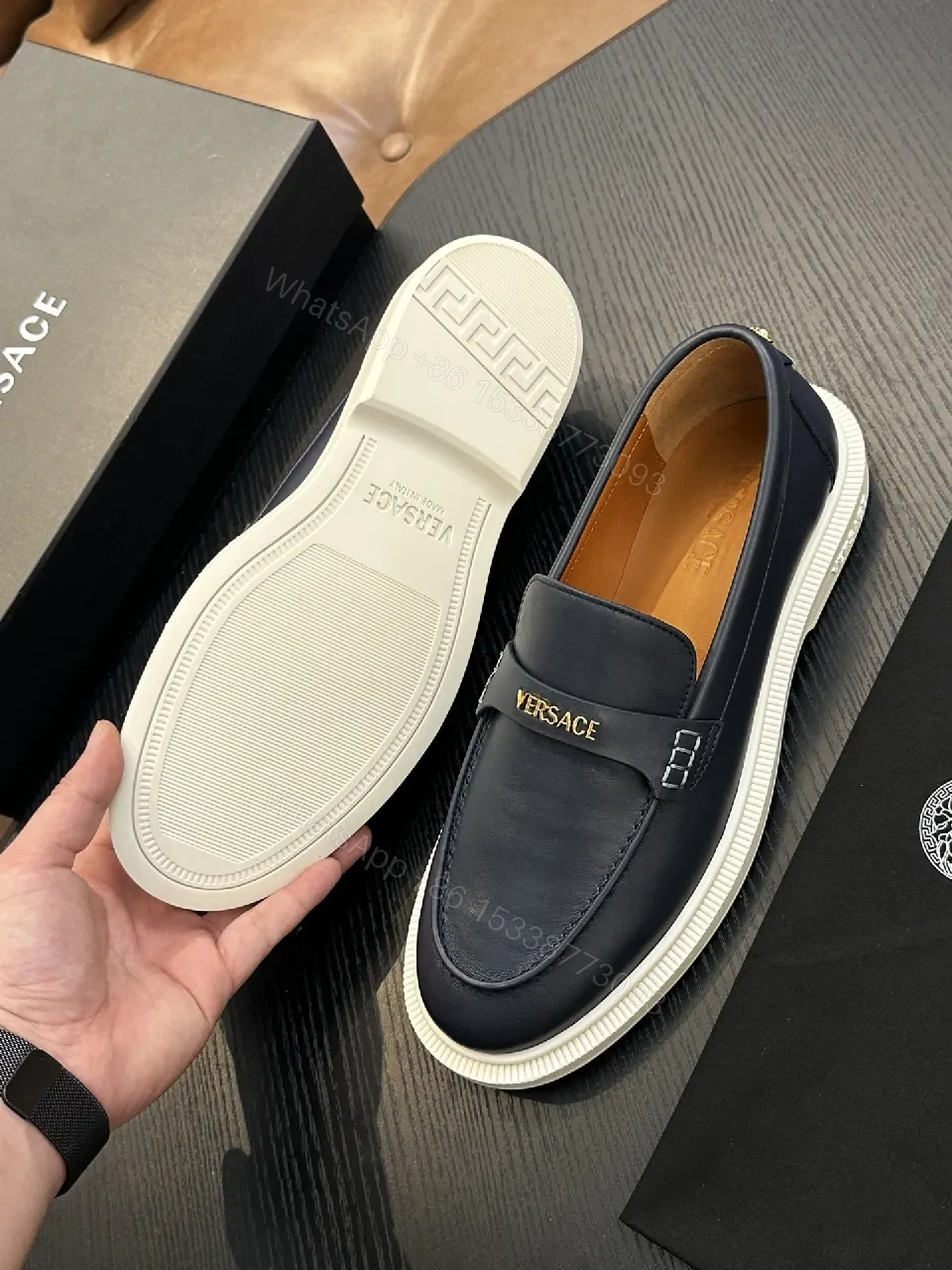 View 8 of Navy Leather Driver Loafers with Gold Hardware Details